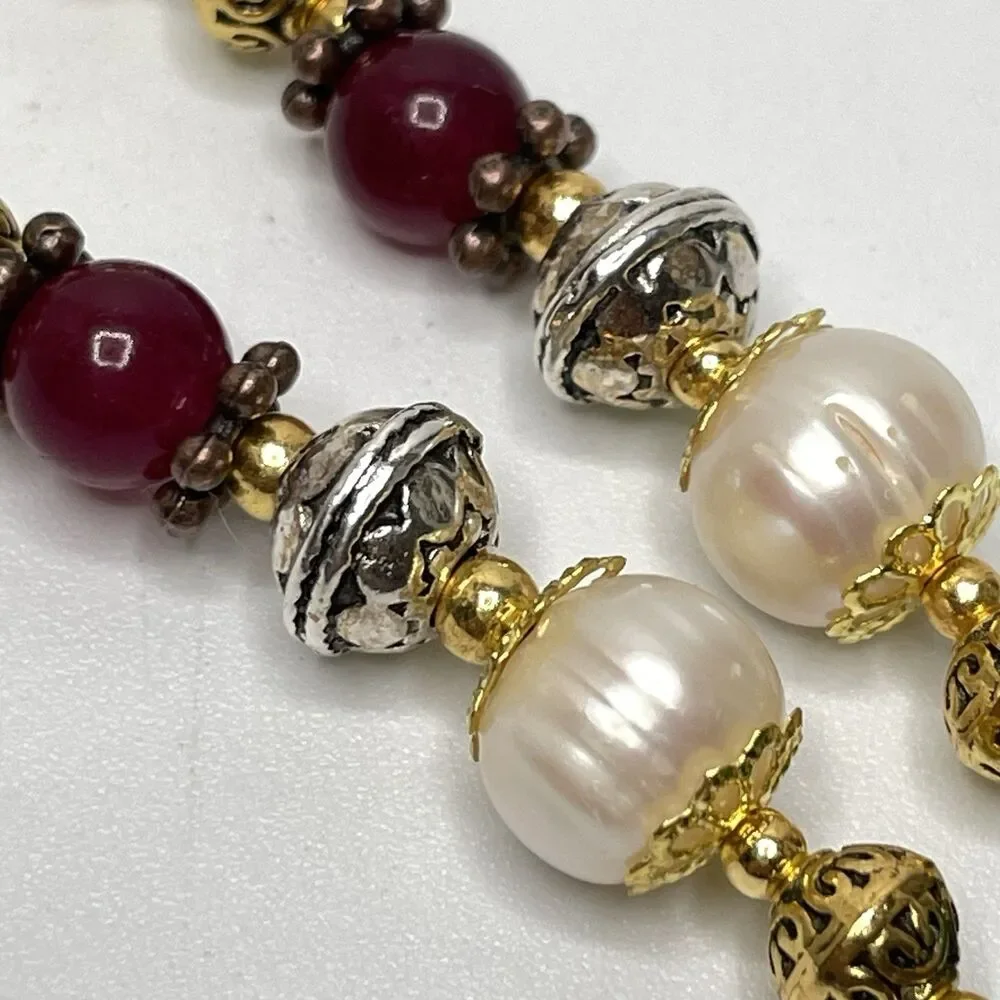 Stunning Green Red Gemstone Freshwater Pearl Beaded Necklace Gold Plated 23